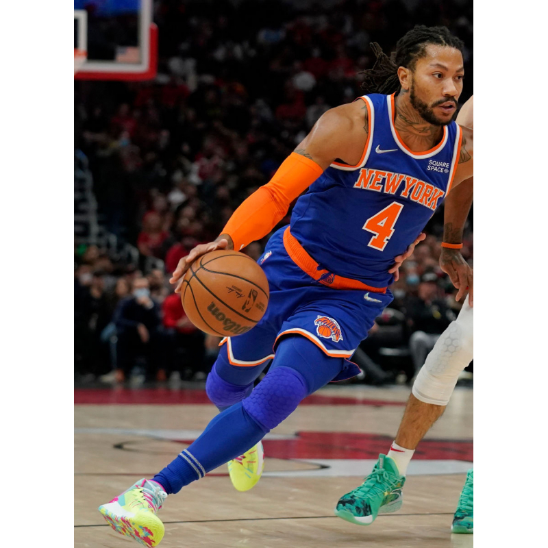 The shoes of New York Knicks guard Derrick Rose are seen during